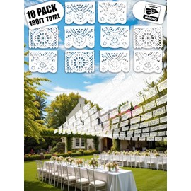 10 Pack White Papel Picado Banner 180 Ft (18 Ft x 10), 100% Made in Mexico, Papel Picado Blanco, White Mexican banner, for Parties, Wedding, Baby Shower, Bautizos, Bodas, Birthdays | 10 Plastic Flags per Banner |