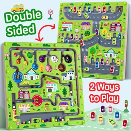 2 in 1 Magnetic Color and Number Maze Magnet Alphabet Counting Car Double Sided Board Wood Puzzle Fine Motor Skills Montessori Preschool Toys Gifts for Boys and Girls 3-5 Age