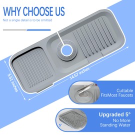 Joyhalo 18 Inches Kitchen Sink Splash Guard - Sink Faucet Drying Mat, Kitchen Faucet Splash Guard, Faucet Handle Drip Catcher Tray for Kitchen Bathroom Countertop, Gadgets for Sink Accessories, Grey