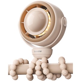 SWEETFULL Baby Stroller Fan - 4000mAh Rechargeable 4-Speed Quiet with LED Display & Night Light, Mini Portable 360° Clip On Safe Fan for Car Seat, Crib, Travel - Brown