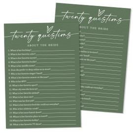 Bridal Shower Games Cards, Twenty Questions About the Bride, Wedding Party Game and Favors for 25 Guests, Bridal Shower Decorations, Minimalist Green Wedding Party Supplies - E04