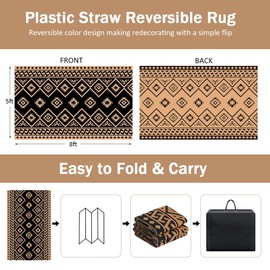LILIOFFIC Outdoor Rugs - Reversible Mats, 5'x8' Plastic Straw Rug for Patio Clearance Waterproof, Indoor Outdoor Area Rug Carpet for Outside, RV, Deck, Picnic, Beach, Trailer, Camping, Black & Brown