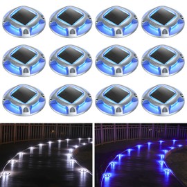 AGPTEK Solar Driveway Lights Outdoor 12 Pack, 2 Color Modes LED Deck Dock Marine Waterproof Security Marker Lights for Step Sidewalk Stair Garden Pathway Walkway Yard(Blue Light/Cool White)