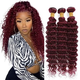Niciitysi Color 99J Bundles Human Hair Wine Red Deep Wave Bundles 10 12 14 inch Double Weft Brazilian Burgundy Deep Curly Weave Extensions Soft and Silky for Women