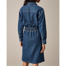 EZAPINE Women's Denim Dress Long Sleeve Lapel V Neck Elastic Waist Zipper Up Jean Short Dress with Belt Blue