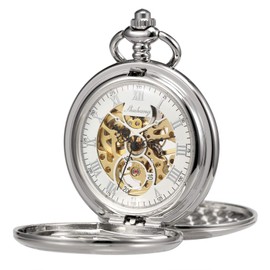 TREEWETO Unisex Pocket Watch with Chain Analogue Hand Winding Double Hinge Eagle Skeleton Roman Numerals Black/Silver/Bronze, 3. Silver