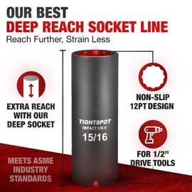 TIGHTSPOT 1/2 Inch Drive - 15/16 Inch Deep Impact Socket with Anti-Rounding 12 Point Design, Heat-Treated CRV Steel