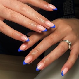 SXVME 30 uñas postizas acrílicas con punta francesa en azul real, almendra corta, con pegamento, forma de stiletto mediano, color azul marino natural,