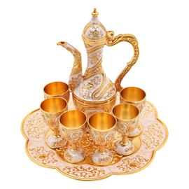 Complete Tea Set with 1 Teapot, 6 Tea Cups & 1 Tea Tray Vintage Teapot (7.4 oz) Teapot and Cups Set with Exquisite Relief Patterns for Serving Tea, Coffee, Wine (White, Gold)