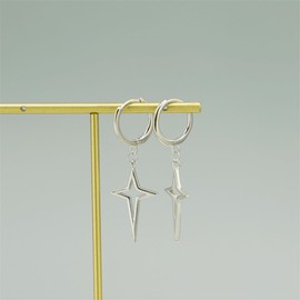 Sterling Silver Hinged Hoop 4 Point Star Cross Drop Hoop Earrings 2 Tones Rhodium 18K Gold (Silver)