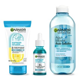 Kit Garnier Rutina Express Aclara Anti Acné 3 pasos, Agua Micelar con Acido Salicílico 400ml  Micro Exfoliante Sueva Anti Acné 150ml  Serum Booster...