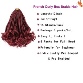 EFFGOCO 8 Packs French Curl Braiding Hair 12 Inch Pre Looped Goddess Box Braids Crochet Braid with Curly Ends Short Burgundy Crochet Hair for Black Women (12 Inch,Burgundy#)
