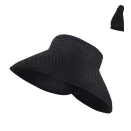 Sun Visors for Women Wide Brim Beach Hat Foldable Straw Visor Hat Ponytail Summer Packable Black