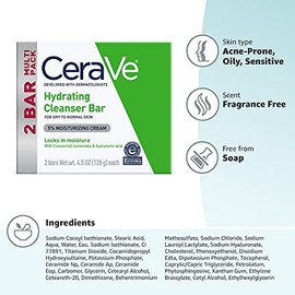 CeraVe Hydrating Cleansing Bar 2 Pack (4.5 oz each) Non Soap Alternative for Daily Body and Facial Washing, Dry to Normal Skin