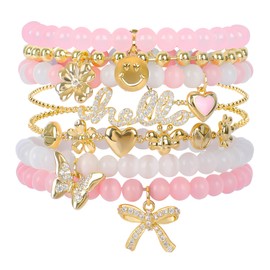Pink Beaded Bracelet for Women 7Pcs Stackable Opal Stone Stretch Bracelets Sweet Multilayered Gold Charm Bracelets Set Love Heart Flower Clover CZ Butterfly Bow Hello Charm Jewelry Gift for Women