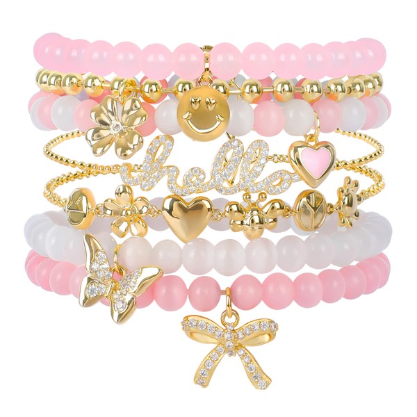 Pink Beaded Bracelet for Women 7Pcs Stackable Opal Stone Stretch