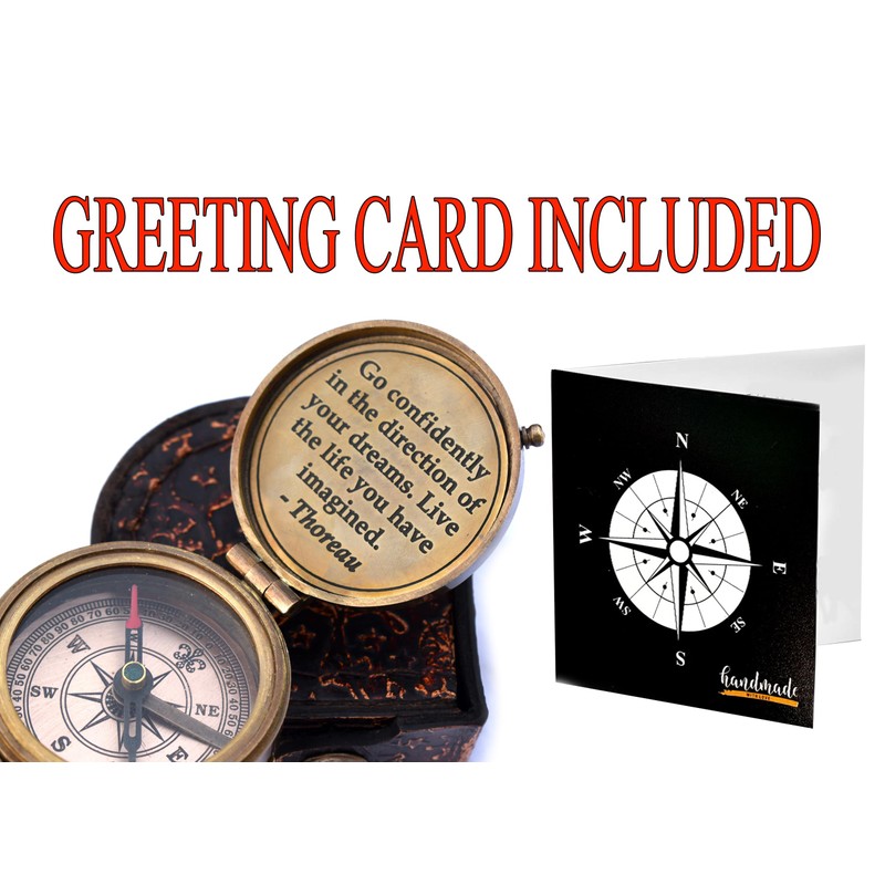 Solid Brass Thoreau's Go Confidently Quote Engraved Compass with Wooden
