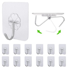 AMAZOPEN Self Adhesive Hooks - 12 Packs of Transparent Wall Door Hooks Stick On/Extra Strong Sticky Hooks for Hanging Coat, Cloth, Towel, Key and More