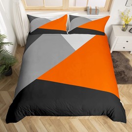 Orange And Gray Duvet Cover Single Patchwork Geometric Triangle Bedding Set Orange Black Light Grey Comforter Cover For Kids Adults Modern Simple Abstract Geometry Bed Set With Zipper 1 Pillow Case