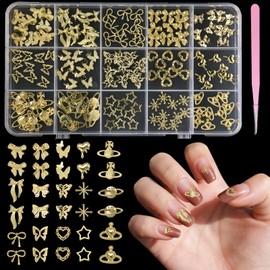 150 Pcs Cross Star Gold Nail Charms, Butterfly Bows Alloy Gold Nail Charms and Gems, Planet HeartY2K Metal Nail Art Charms for Nail Art Design DIY Supplies Accessories