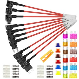 Aiqeer Pack of 10 12 V/24 V Add-a-Circuit Fuse Taps Set, Car Piggyback Fuse Holder with Wiring Harness, Free 18 Pieces Blade Fuses and Fuse Puller (Butt Terminal)