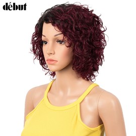 DÉBUT Short Bob Wig with Air Bangs Short Curly Wavy Real Hair Bob Wig for Women 25 cm 120 g 130% Density (25 cm, Ombre Red)