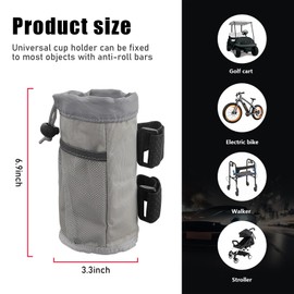 povtii Cup Holder for Bike, Oxford Cycling Drink Holder with Mesh Pockets and Self-Fastening Strips, Universal Water Bottle Organizer for Bikes Boats Wheelchairs, Bike Accessories (Gray)