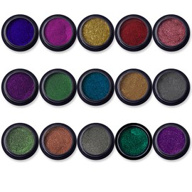 Holzsammlung 15 Farbe Chrom Nagel Pulver, Nagel Puder Set mit Spiegeleffekt Chrom Powder Pigment Powder Glitzer Set, Ultra Funkelnder Optischer Chamäleon Zauberspiegel Pulver für Nagel Dekoration