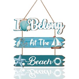 HPNIUB I Belong at The Beach Decor, Set of 3 Wood Hanging Ornaments Beach Coastal Seashell Signs, Ocean Themed Inspirational Wooden Wall Art for Living Room Bedroom Bathroom
