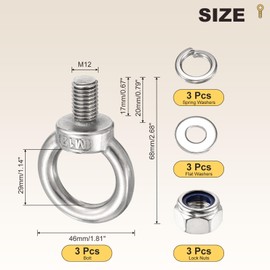 METALLIXITY Shoulder Eye Bolt with Spring Washers & Flat Washers & Lock Nuts (M12x20mm) 3Set, 304 Stainless Steel Machinery Lifting Ring Threaded Eye Bolt - for Load Hoisting, Silver