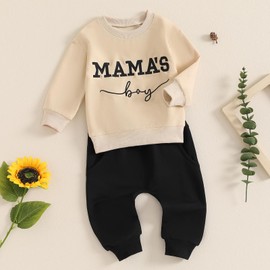 XIXIMAON Mamas Boy Outfits 2pcs Baby Boy Fall Spring Clothes Set Long Sleeve Letter Embroidery Jumper Pants Set Toddler Boy Tracksuits (Khaki, 6-12 Months)
