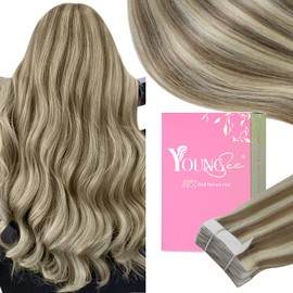 YoungSee Invisible Tape in Hair Extensions Brown Highlight Invisible Tape in Extensions Human Hair Light Brown Highlights Blonde Tape in Hair Extensions Real Human Hair for Women 22In 20pcs 50g