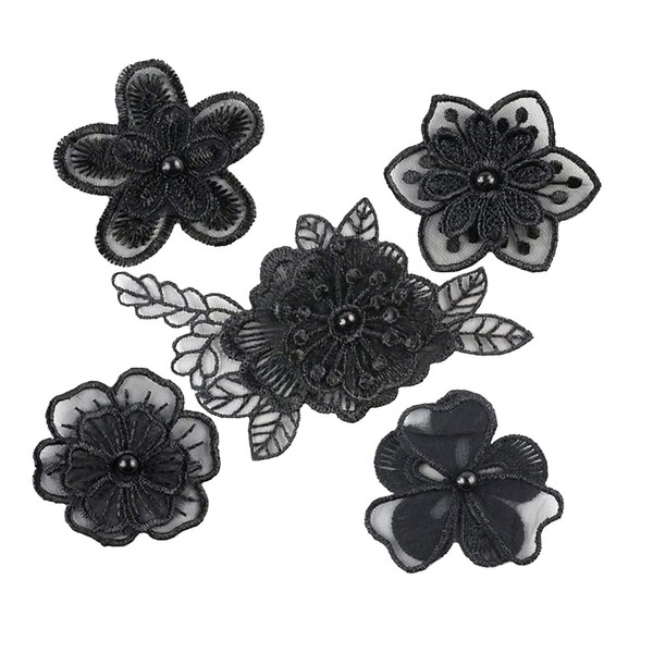 Pack of 10 Lace Organza Embroidery Black Beads Flowers Applique Patches Sticker Applique Patches for Sew-On Embroidered Crafts and Decorating on Clothes Curtain Table Cloth Bags Scarf