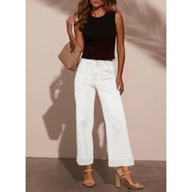 EVALESS Womens High Waist Wide Leg White Jeans Trendy 2025 Cropped Denim Pants Solid Ankle-Length Cotton Stretchy Jeans with Pockets Size 14