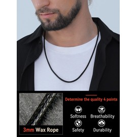 3mm Black Braided Leather Cord Chain Necklace for Men, 16inch Waterproof Rope Necklace 316L Stainless Steel Clasp