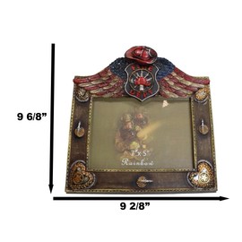Ebros Gift Rustic Western Patriotic Fire Department Fireman Helmet Hose And USA Flag Angel Winged Emblem Picture Frame with Easel Back Stand Figurine Sculpture Decor
