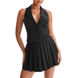 Cicy Bell Womens Summer 2 Piece Outfits V Neck Blazer Vest Matching Sets and Mini Pleated Skirts Black