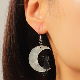 Black Cat on the Moon Earrings for Women Acrylic Moon Star Cat Earrings Funny Animal Cat Jewelry Accessories (Black Cat)
