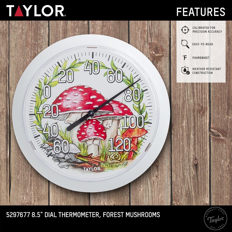 Taylor Forest Mushrooms Indoor Outdoor Dial Thermometer, Wireless Thermometer with
