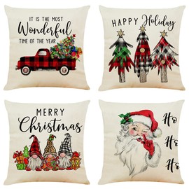 NIULAA Decorative Cushion Cover, 50 x 50 cm, Set of 4, Linen, Christmas, Dwarfs, Living Room, Christmas Decoration Cushion Cover, for Sofa Cushion, Outdoor Couch Cushion