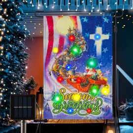 Santa Claus Sleigh Reindeer Season Greeting Solar Led Lighted Garden Flag, USA Flag Christ Cross Yard Decor for Christmas Holiday Outside 12x18 Inch