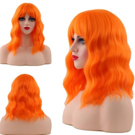 Mxayhnajxl Orange Wigs with Bangs for Women 14 Inch Shoulder Length Orange Wigs Short Wavy Bob Wigs With Bangs Curly Wig Heat Resistant Synthetic Colorful Wavy Wigs Cosplay Wigs