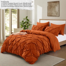 VACVELT 5 Piece Pinch Pleated Duvet Cover Full/Queen Size Set, Burnt Orange Pintuck Duvet Cover with Zipper & 8 Ties, Shabby Chic Microfiber Duvet Cover + 2 Pillow Shams + 2 Pillowcases, No Comforter