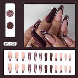 24 Pcs Glitter French Press on Nails Medium Square - WLGDLH Coffin Fake Nails Nude False Nails with Full Glitters Design Glossy Red Nail Tips Full Cover Acrylic Glue on Nails for Women