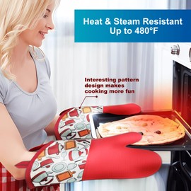 LYART Heat Resistant Silicone Oven Mitts Set, Non-Slip Oven Gloves with Cotton Lining, Oven Mitts Pot Holders and Hot Pads for Kitchen Baking Cooking BBQ (Red, 1pair Oven Mitts)