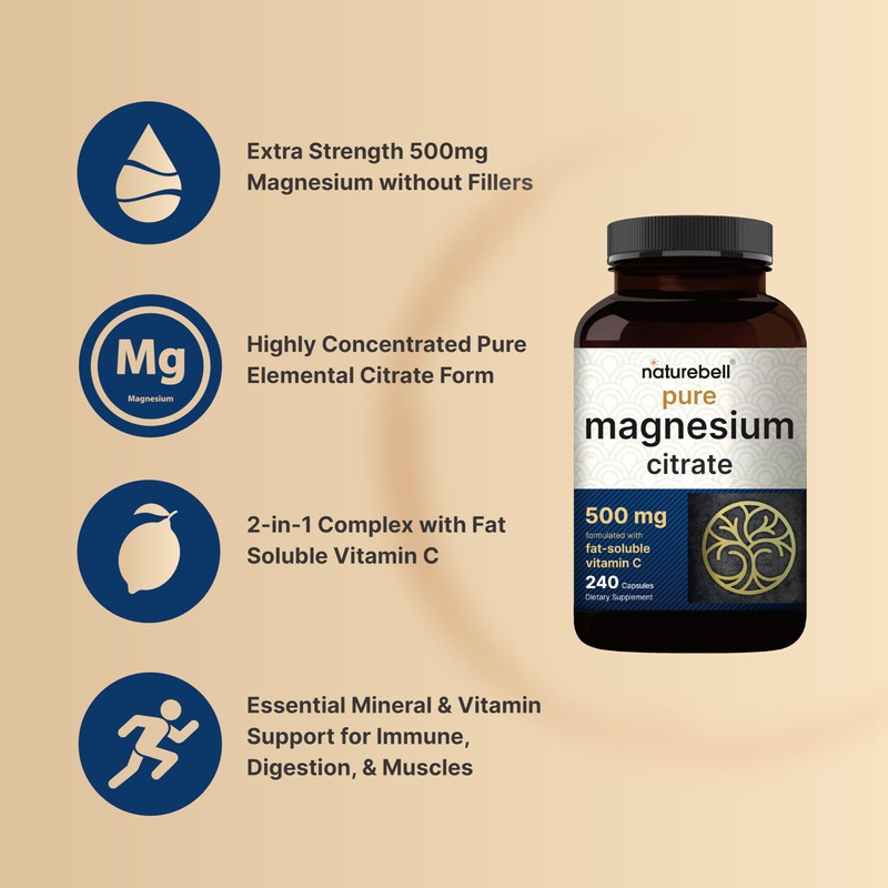 NatureBell Pure Magnesium Citrate 500mg per 3 Capsules Serving Size,