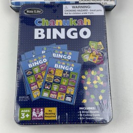 Rite Lite Chanukah Hanukkah Bingo Game  + Sticker Pack Dreidel Chips 6 Cards Tin