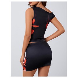 Verdusa Women's 2 Piece Floral Outfit Y2k One Shoulder Ruched Crop Tops Short Bodycon Skirt Set Red and Black Medium