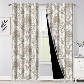 Boho Blackout Curtains for Bedroom Living Room, Floral Black Out Curtains 84 Inch Length 2 Panels Set with Tassels, Grommet Thermal Insulated Room Darkening Window Drapes, Triple-Layer UV Protection