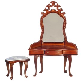 Melody Jane Dolls House Vanity Dressing Table & Stool Walnut Miniature Bedroom Furniture